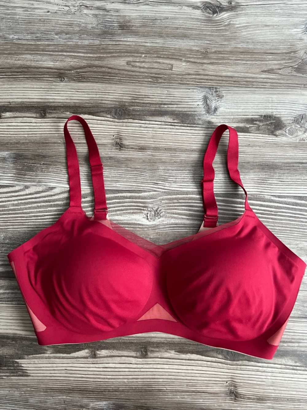 Honeylove Crossover Wireless Bra Wire Free Raspberry and Nude Mesh Detail